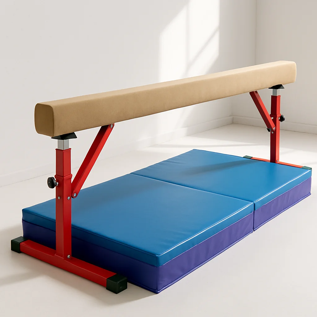 A young club gymnast in a sparkle leotard practicing on a low balance beam set up in a bright garage home gym, foam mat underneath, gymnastics bag in the corner